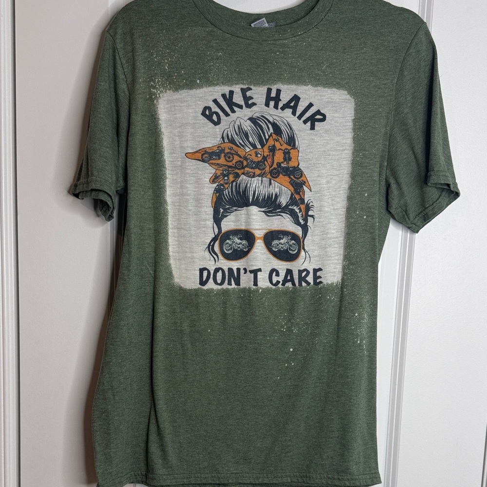 Bike Hair Don't Care Graphic Tee - Olive Green